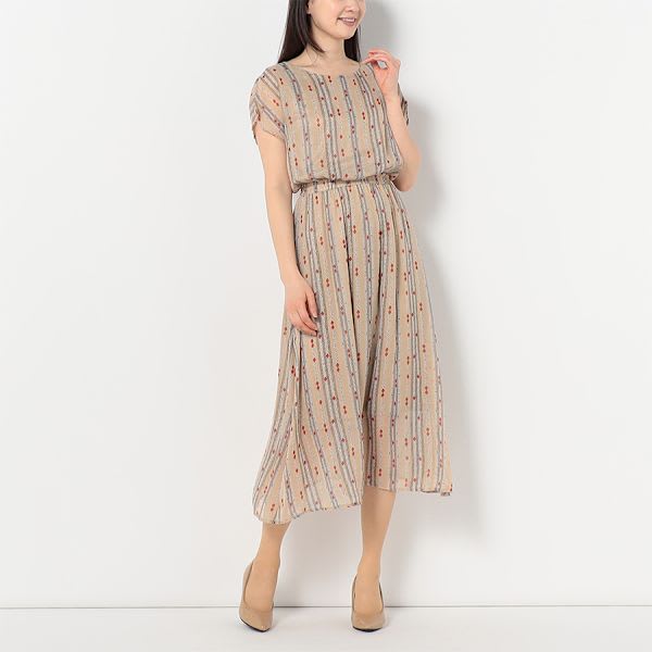 ストライプキカプリント総柄ワンピース