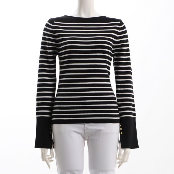 袖スリットゴールドボタンボーダー柄リブニット