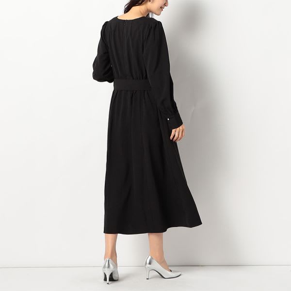 ウエストリボンパールデザインスクエアネック長袖ワンピース