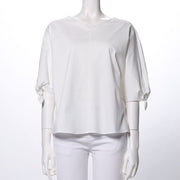 シルケットスムース袖リボンVネックカットソー