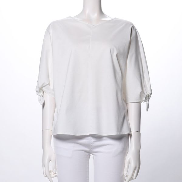 シルケットスムース袖リボンVネックカットソー