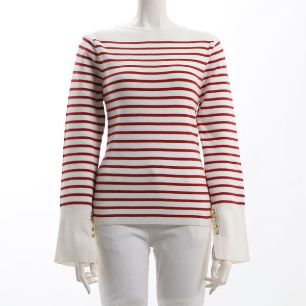 袖スリットゴールドボタンボーダー柄リブニット