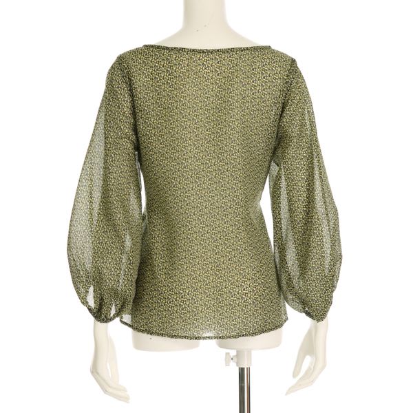 透け感ウエストリボン総柄ブラウス