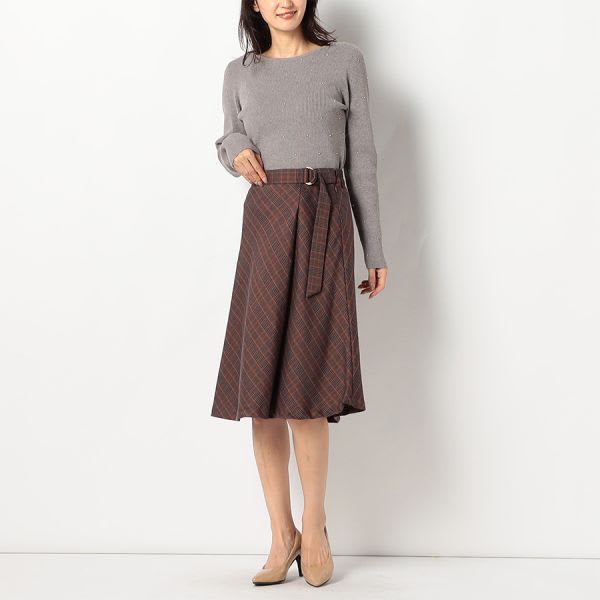 チェック柄ラップ風フレアスカート