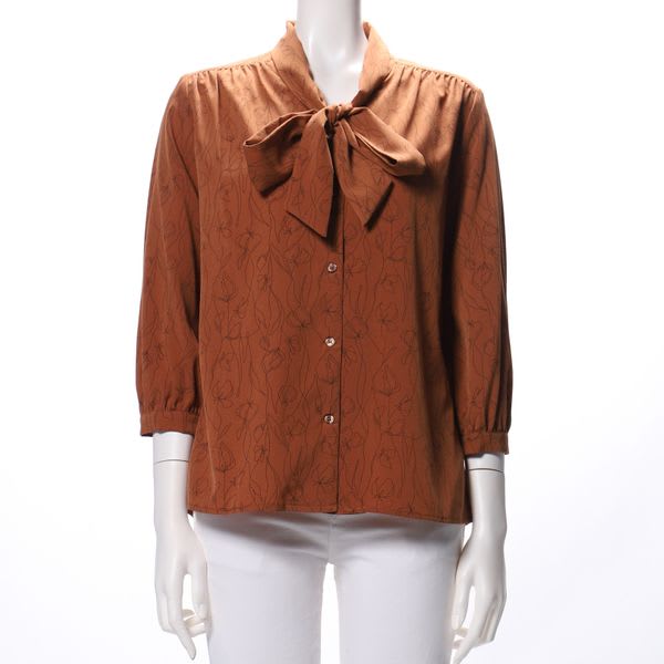 手描きアートフラワープリントボウタイブラウス