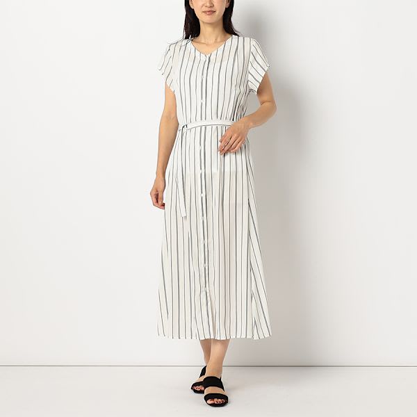 ストライプ透け感ロングシャツワンピース