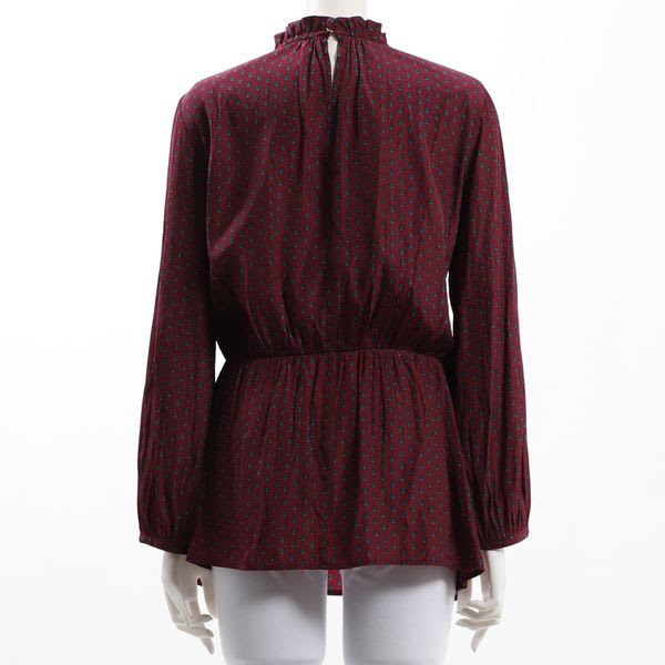 ウエストリボンフリルネック総柄ブラウス