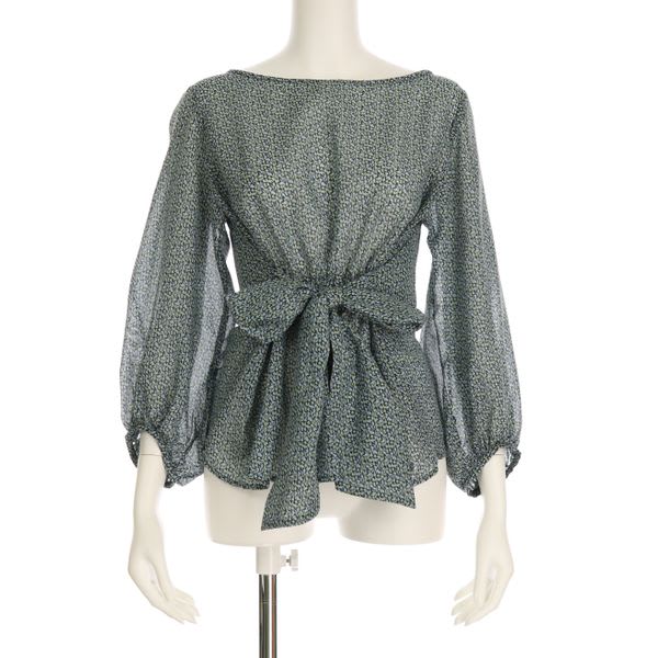 透け感ウエストリボン総柄ブラウス