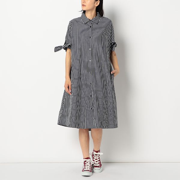 袖口リボンストライプ柄シャツワンピース