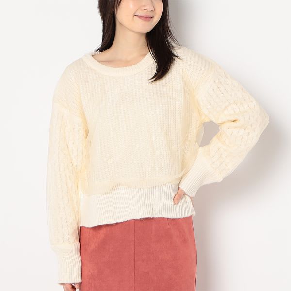 チュール重ね袖ケーブルニット