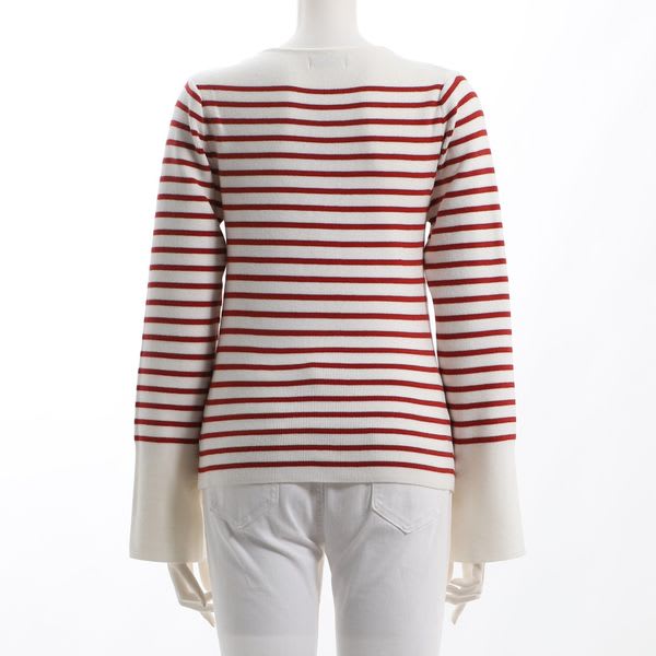 袖スリットゴールドボタンボーダー柄リブニット