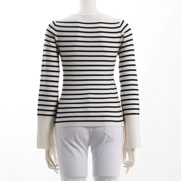 袖スリットゴールドボタンボーダー柄リブニット