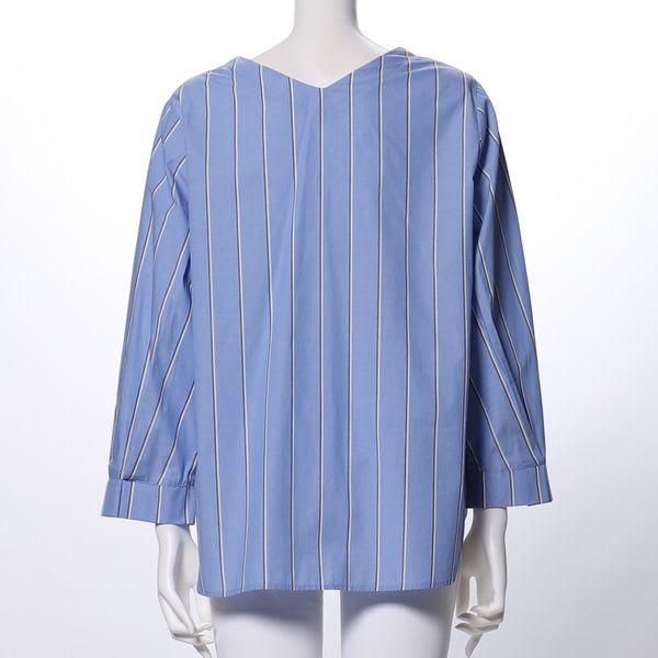 コットンストライプ飾りボタンVネックブラウス