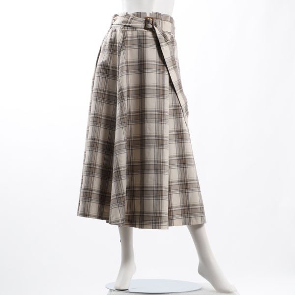 チェック柄ベルト付きフレアスカート
