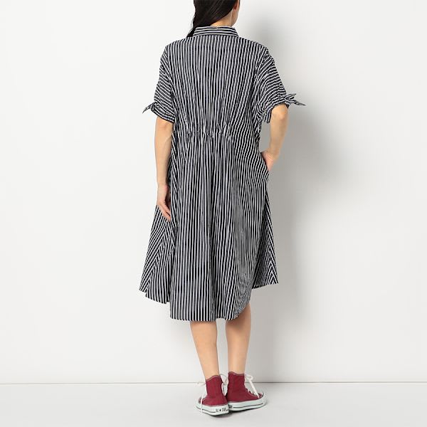 袖口リボンストライプ柄シャツワンピース