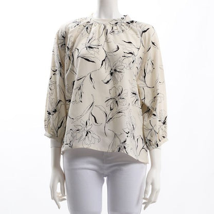 線画花柄スタンドカラーブラウス