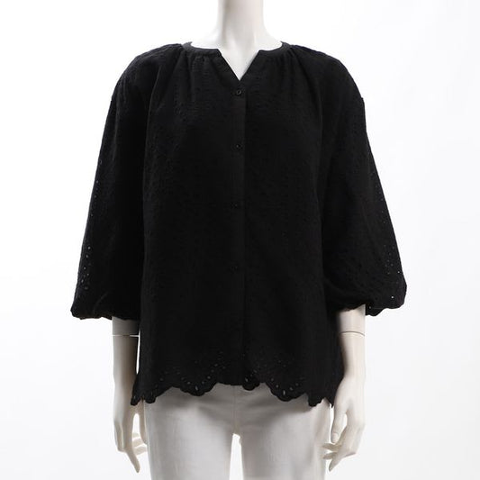 コットンレースオープンフロントネックブラウス