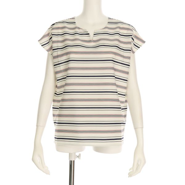 オープンフロントネックボーダー柄ブラウス