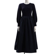 リブニットとギャザーフレアスカートのドッキングワンピース