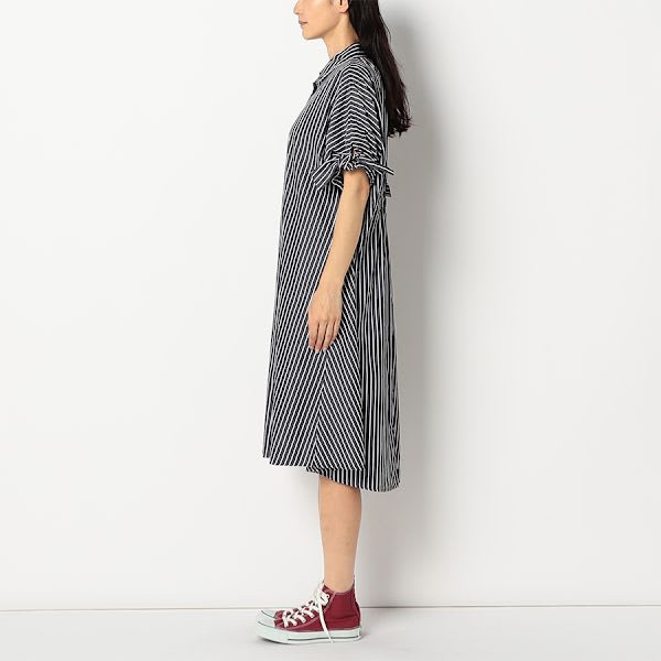 袖口リボンストライプ柄シャツワンピース