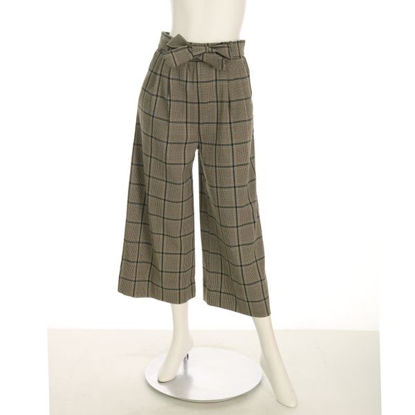 リボンベルト付きチェック柄ワイドパンツ