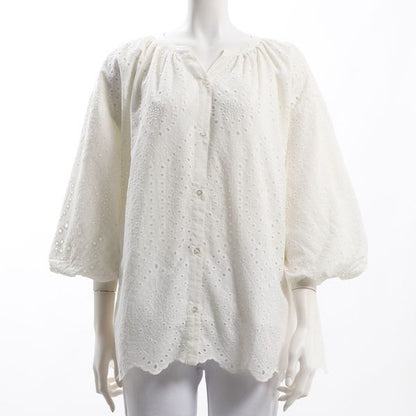 コットンレースオープンフロントネックブラウス