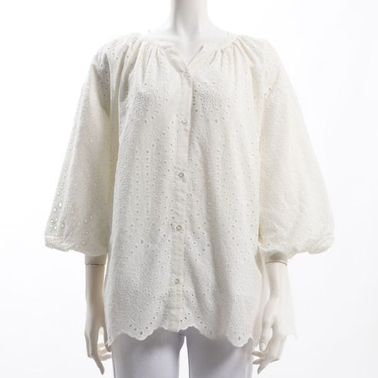 コットンレースオープンフロントネックブラウス