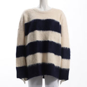 太ボーダーラウンドネックニット