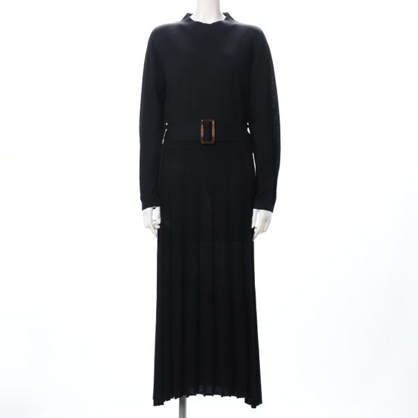 ベルト付きプリーツニットワンピース