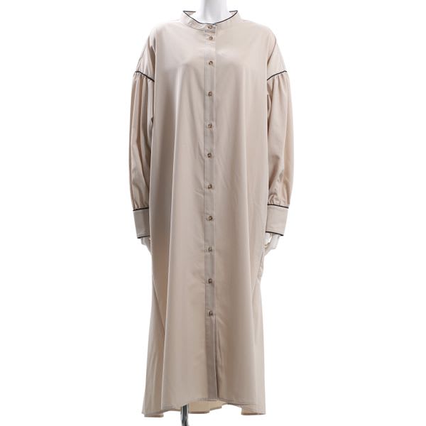 パイピングアクセント前開きバンドカラーワンピース