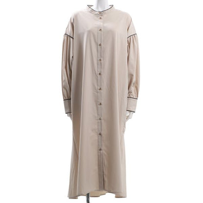 パイピングアクセント前開きバンドカラーワンピース