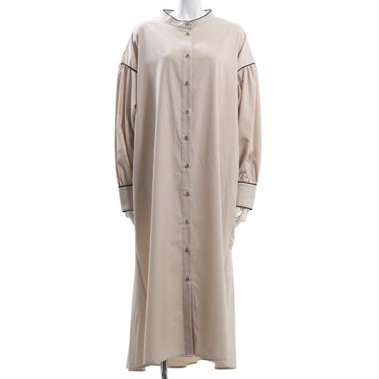 パイピングアクセント前開きバンドカラーワンピース