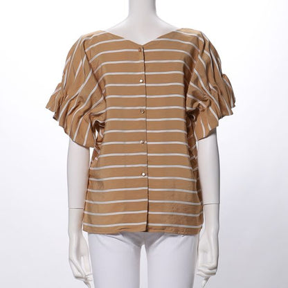 バックボタンボーダー柄ブラウス