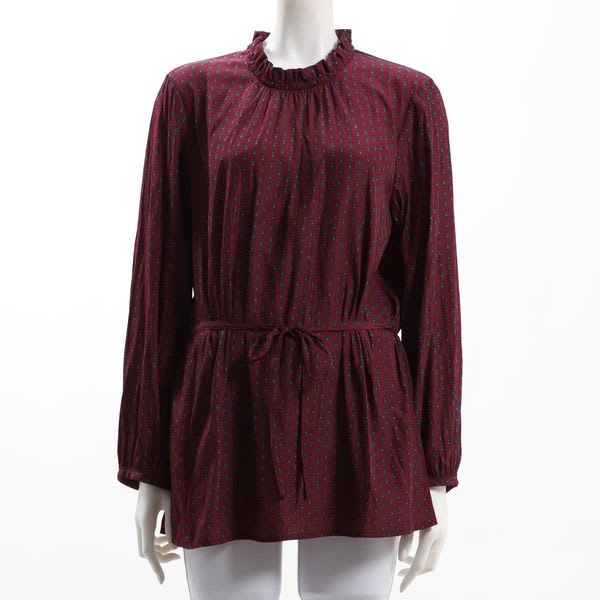 ウエストリボンフリルネック総柄ブラウス