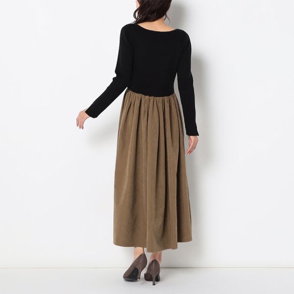 ボートネックリブニットドッキングワンピース