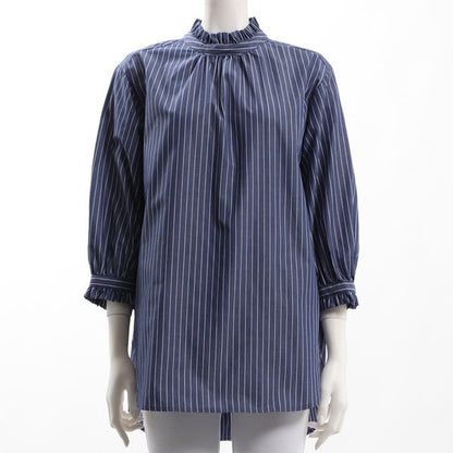 ストライプ柄フリルネックブラウス