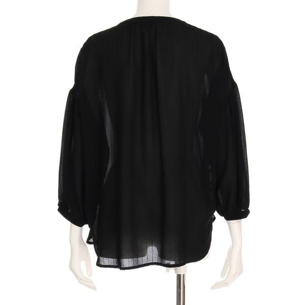 ストライプドロップショルダーヘンリーネックブラウス