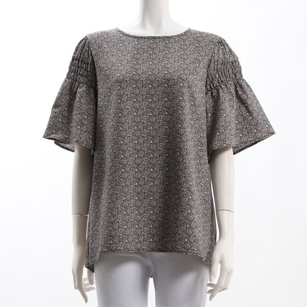 更沙フラワープリントシャーリングフレアスリーブブラウス