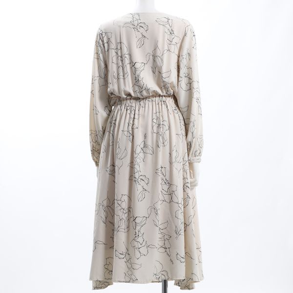 Vネック線画フラワーワンピース