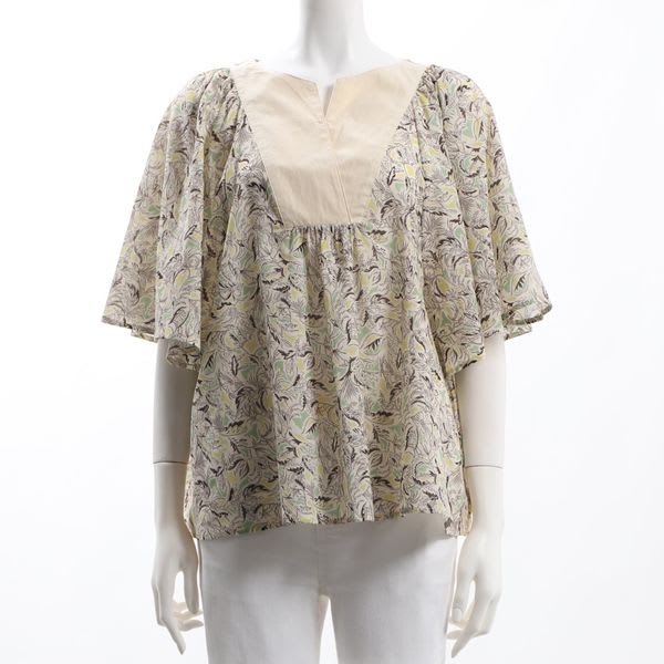 ボタニカル柄オープンフロントネックブラウス