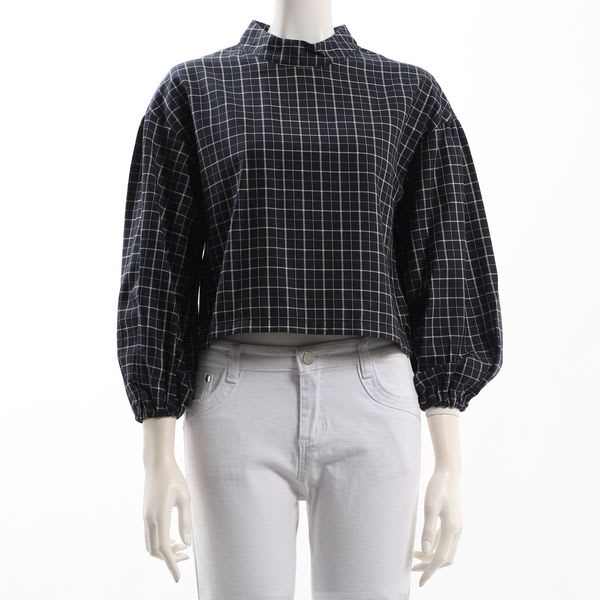 チェック柄ボリュームスリーブブラウス