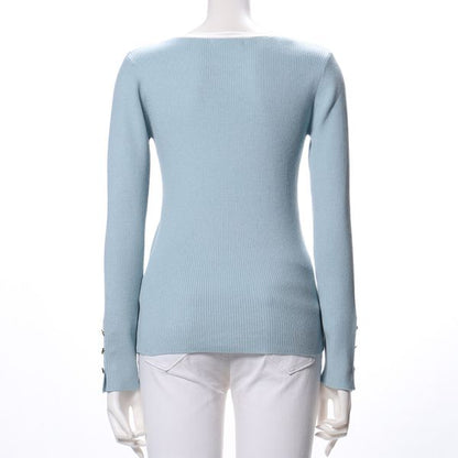 衿配色リブオープンフロントネックニット