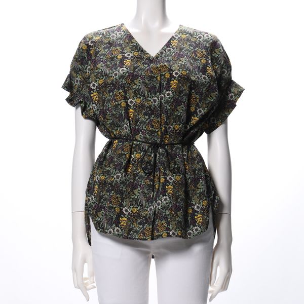 ダークフラワープリントリボンベルト付きブラウス