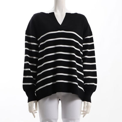 オープンフロントネックボーダー柄ニット