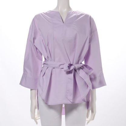 ウエストリボンベルト付きオープンフロントネックブラウス