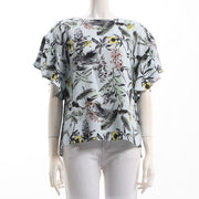 麻調パームツリープリントフレアスリーブブラウス