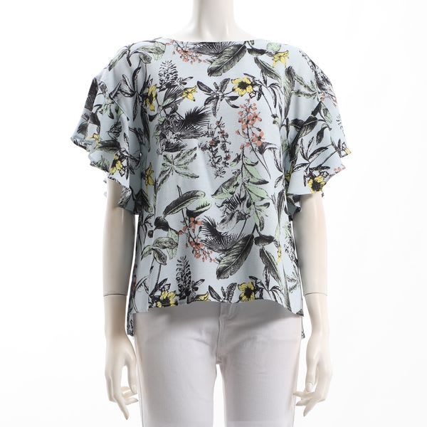 麻調パームツリープリントフレアスリーブブラウス