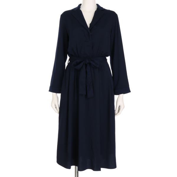 オープンカラーロンベルト付きワンピース