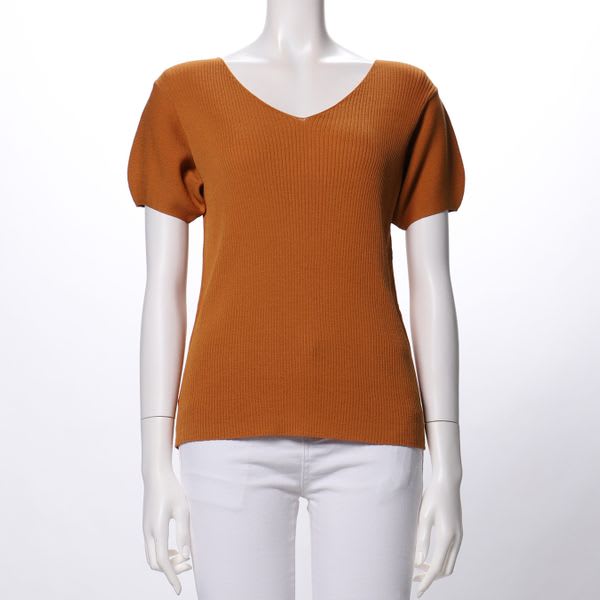 Vネックパフスリーブニット