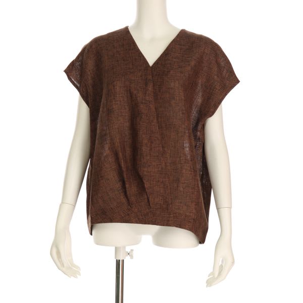 麻調Vネックブラウス